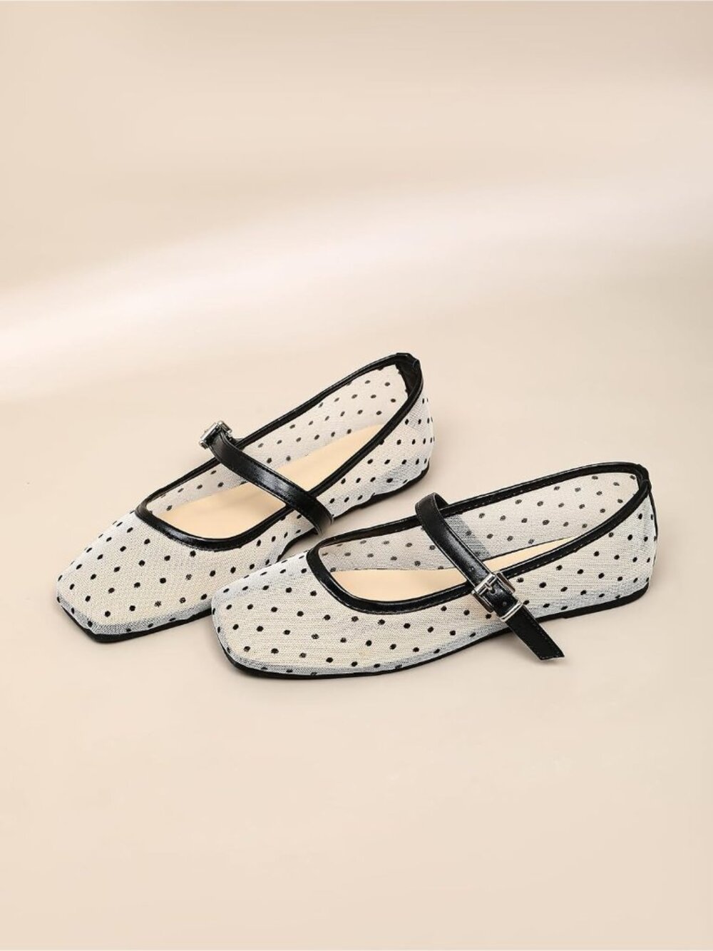 🆕Women's Black White Mesh Mary Jane Ballet Flats Square Toe Dressy Casual Shoes - Picture 5 of 5